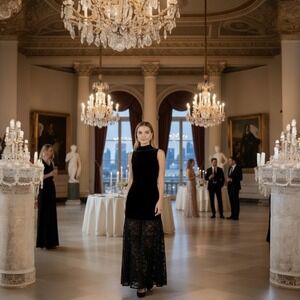 Sadie & Sage At Dusk Mock Neck Black Velvet Lace Evening Sleeveless Maxi Dress M